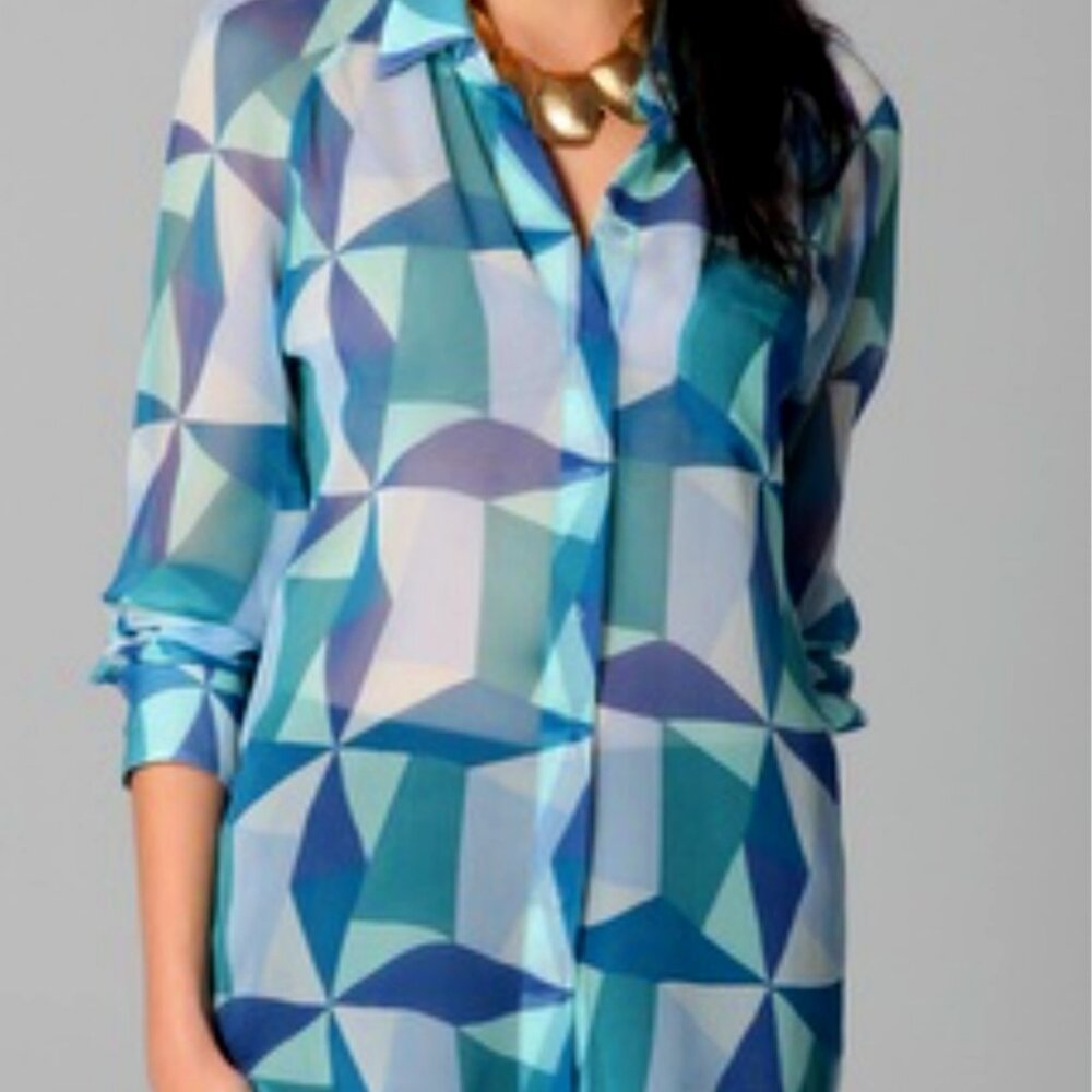 Equipment geometric button down sheer silk blouse